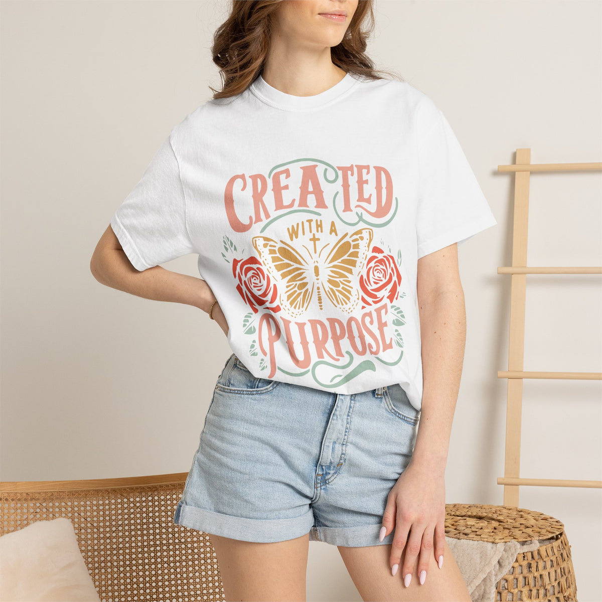 T-Shirt — "Created with a Purpose" Floral Butterfly Inspirational Tee