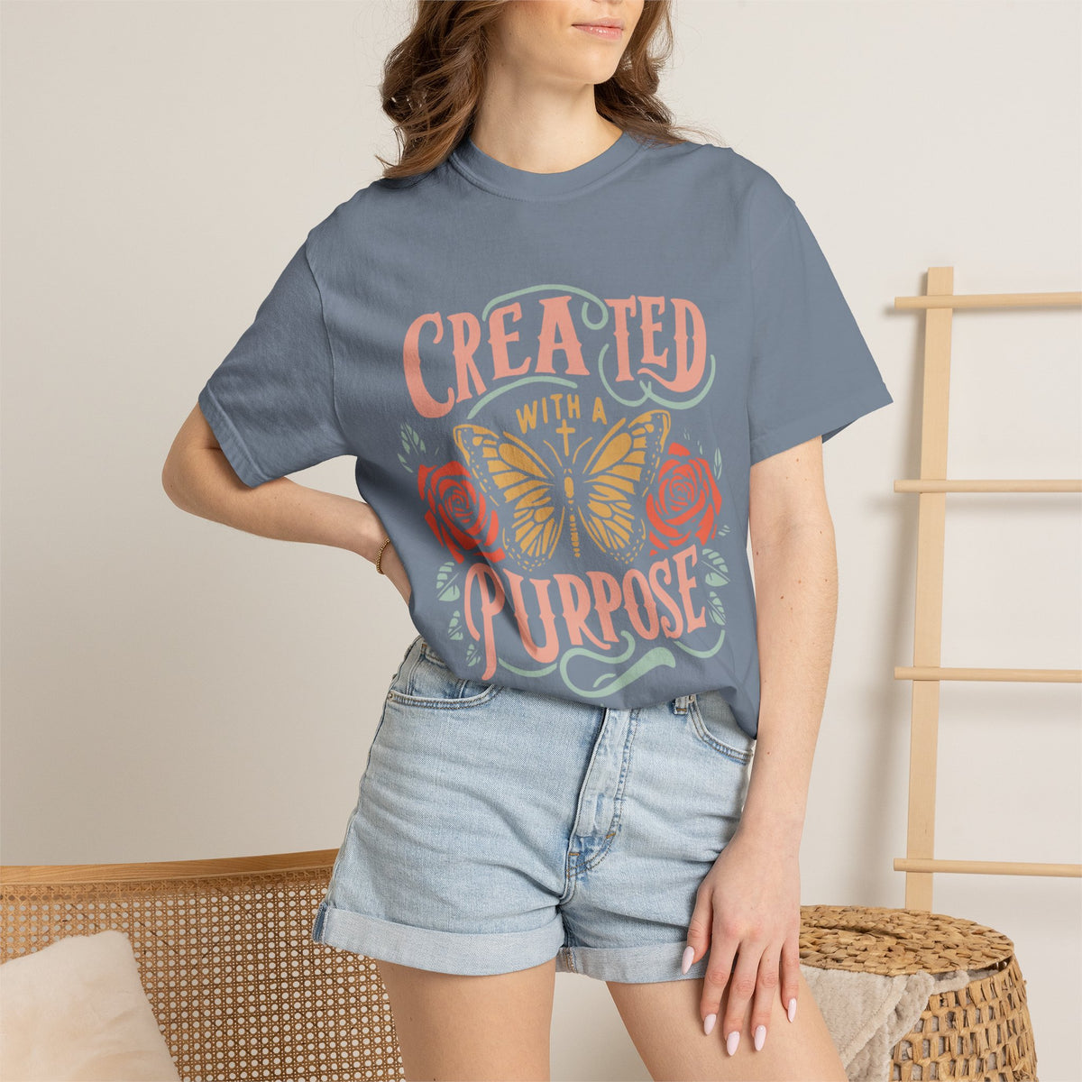 T-Shirt — "Created with a Purpose" Floral Butterfly Inspirational Tee