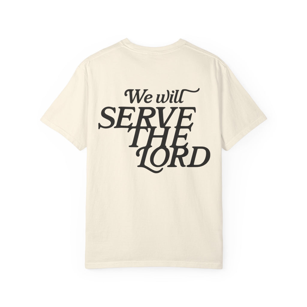 But As For Me and My House tee in ivory back view with We Will Serve The Lord design