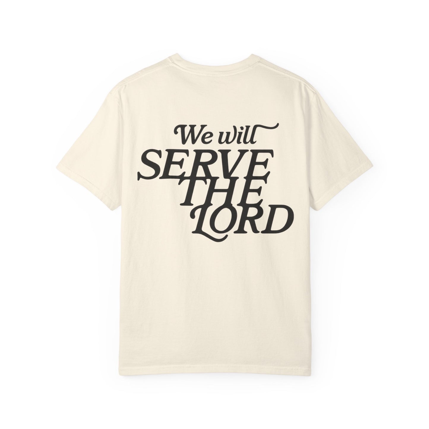 But As For Me and My House tee in ivory back view with We Will Serve The Lord design
