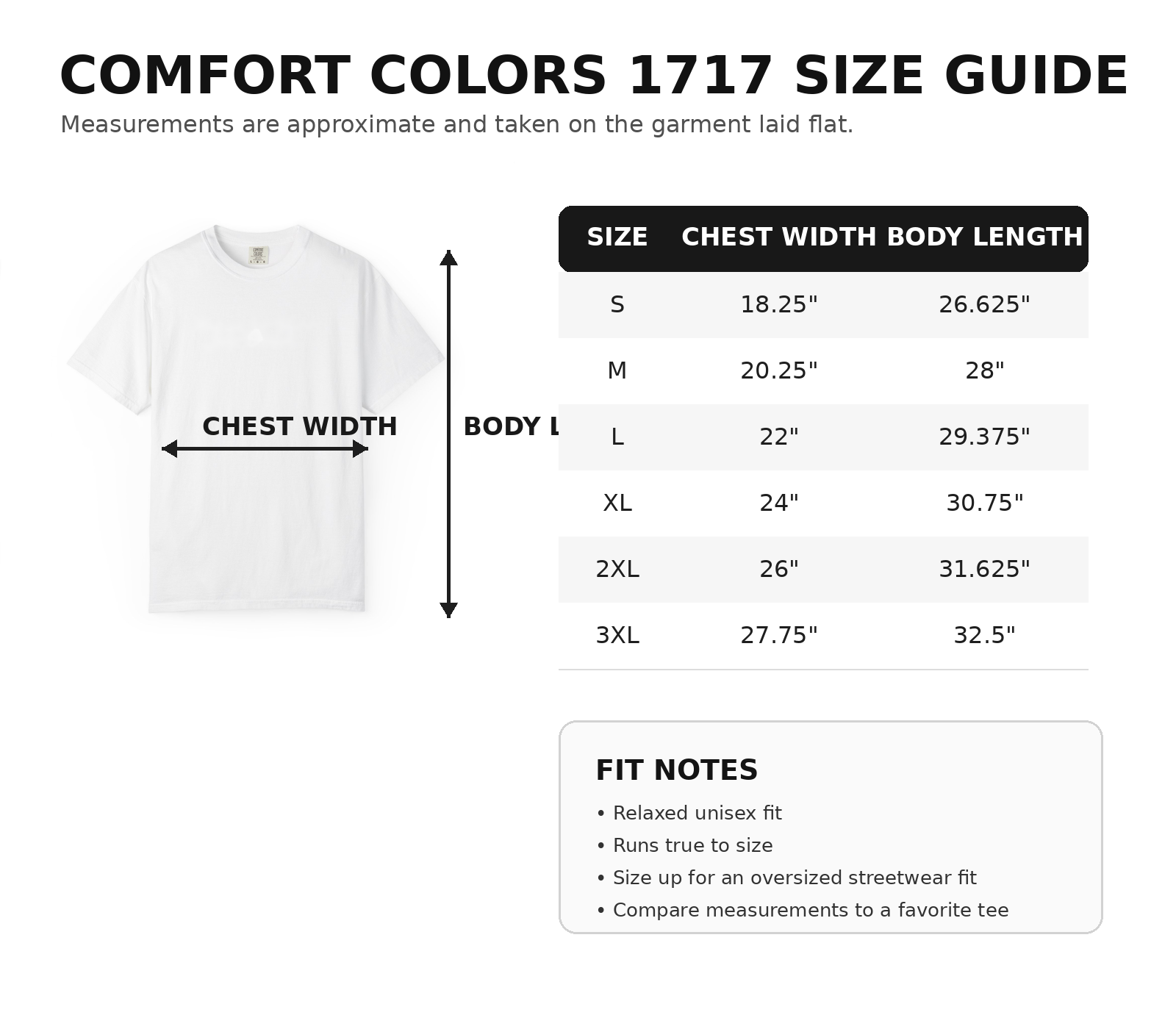 Comfort Colors 1717 unisex T-shirt size chart