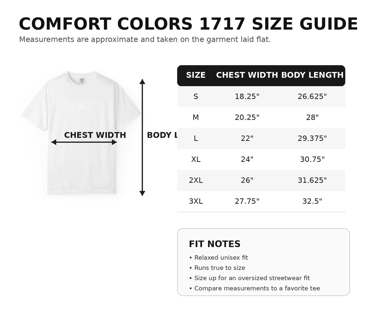 Comfort Colors 1717 unisex T-shirt size chart